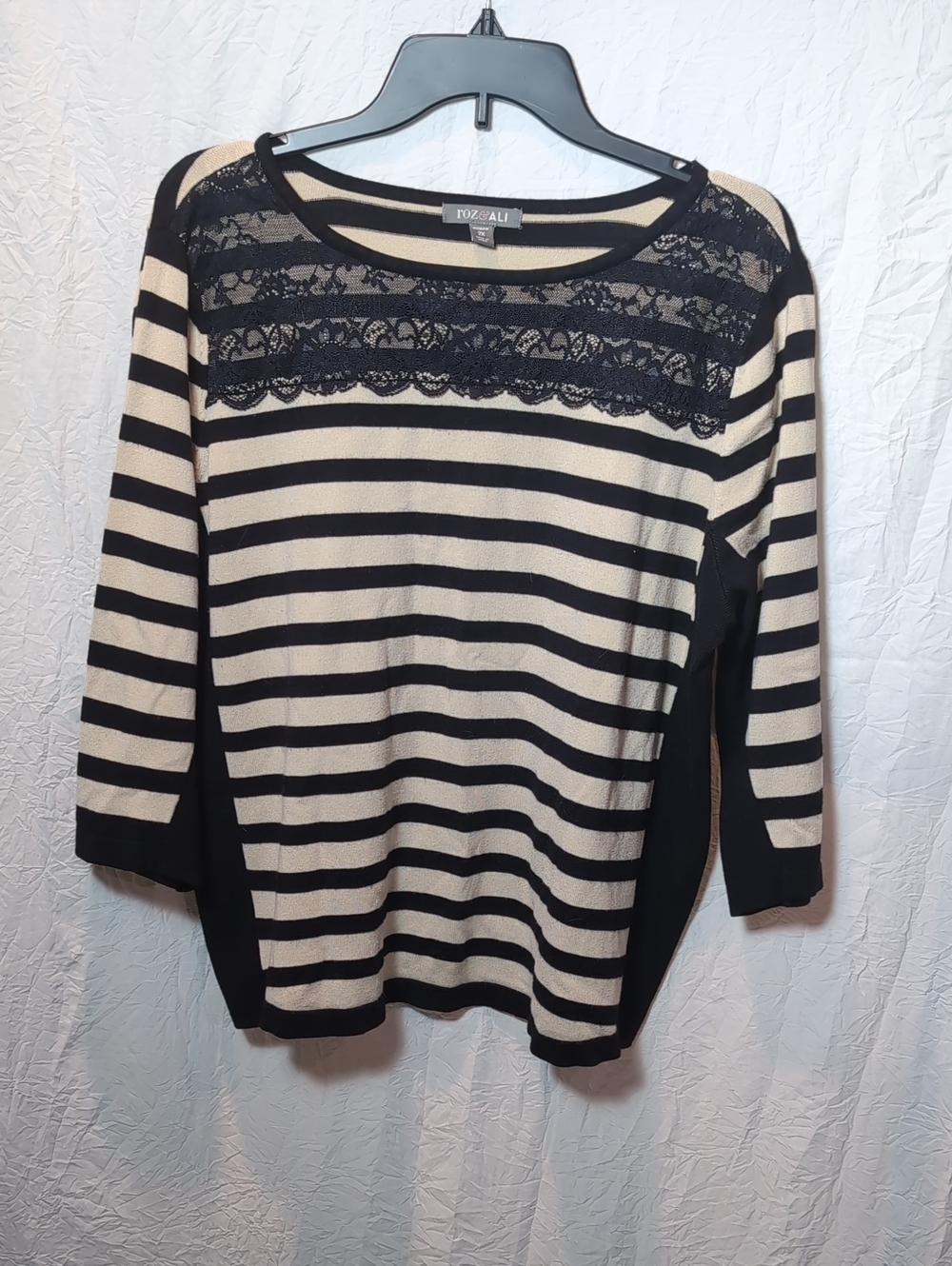 Roz & Ali Black and Cream Striped Lace Yoke Long Sleeve Top